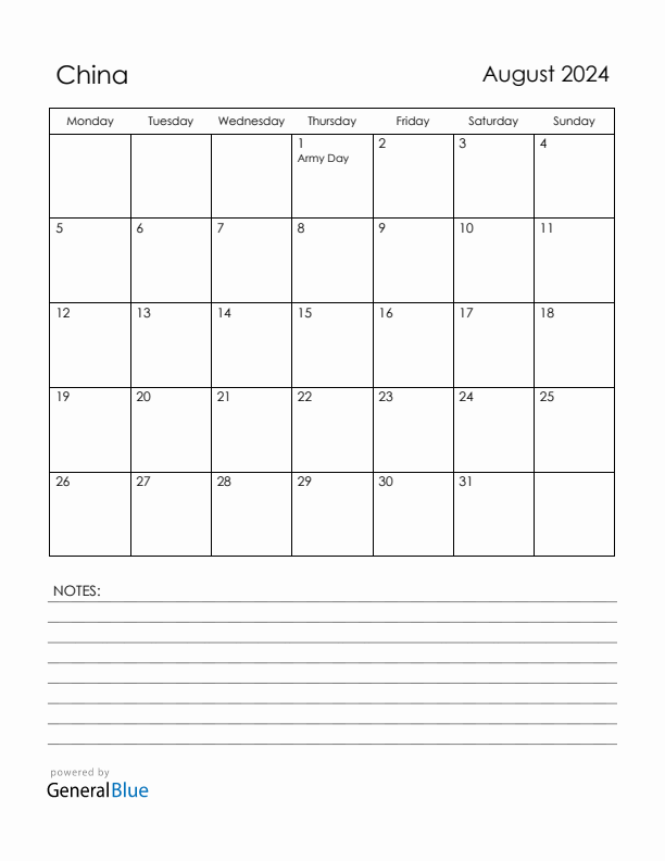 August 2024 China Calendar with Holidays (Monday Start)