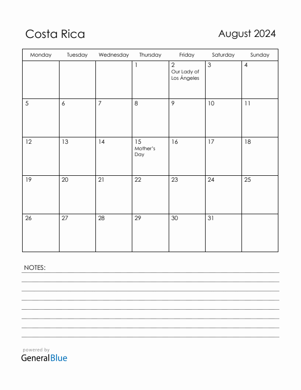 August 2024 Costa Rica Calendar with Holidays (Monday Start)