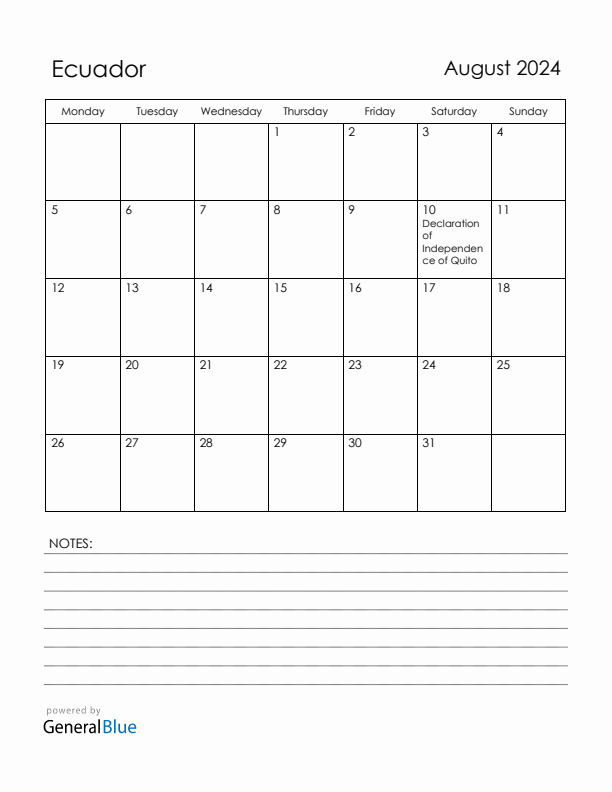 August 2024 Ecuador Calendar with Holidays (Monday Start)