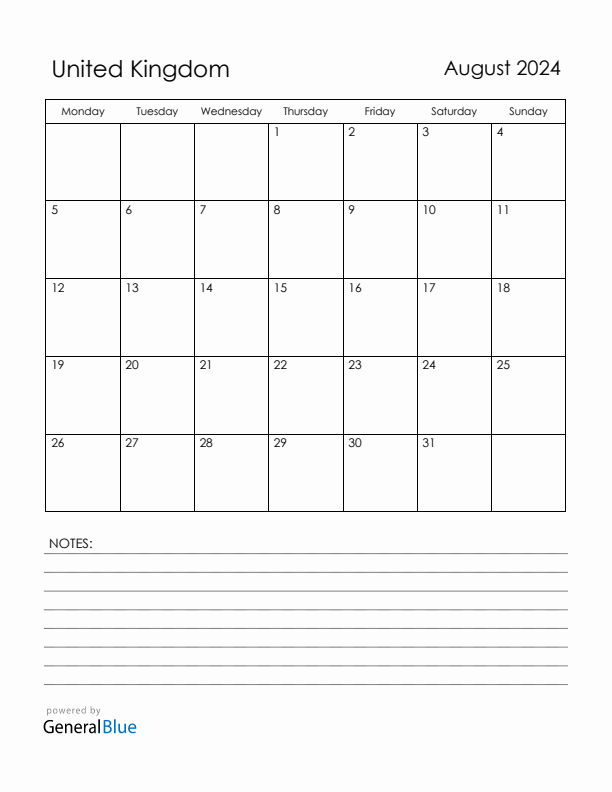 August 2024 United Kingdom Calendar with Holidays (Monday Start)