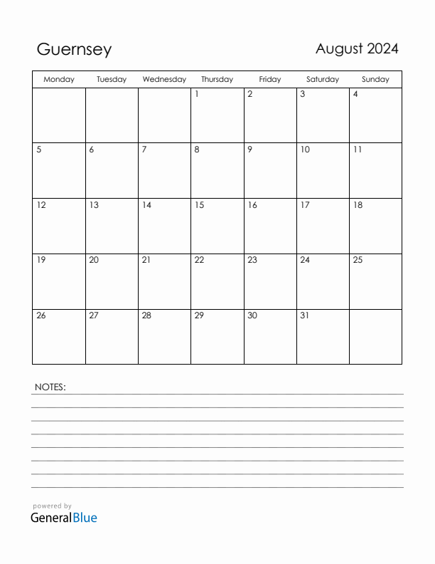 August 2024 Guernsey Calendar with Holidays (Monday Start)