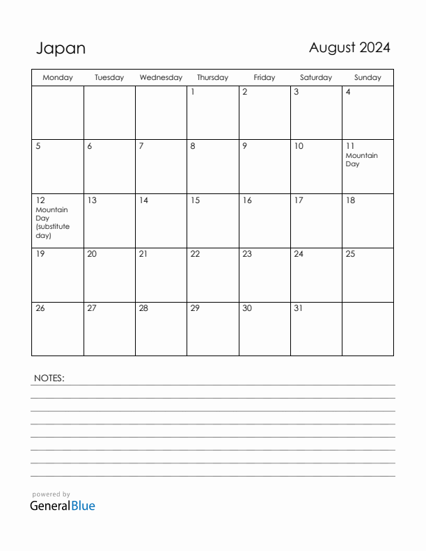 August 2024 Japan Calendar with Holidays (Monday Start)