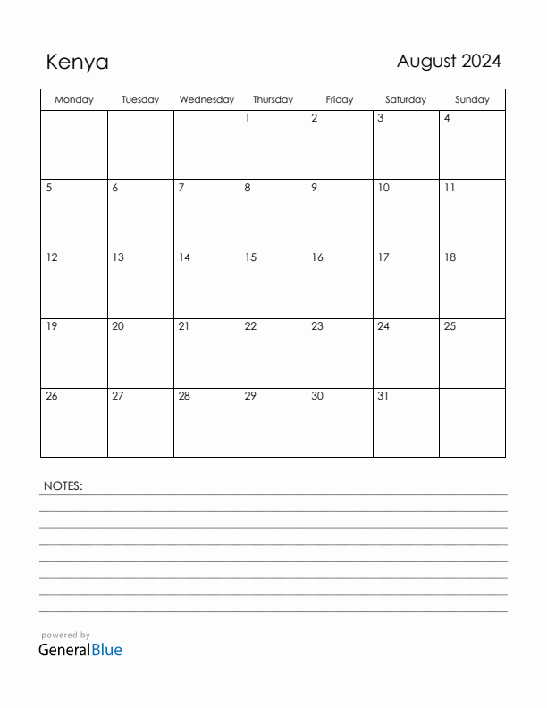 August 2024 Kenya Calendar with Holidays (Monday Start)