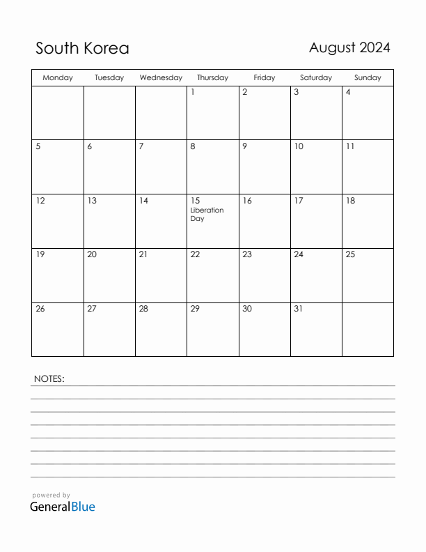August 2024 South Korea Calendar with Holidays (Monday Start)