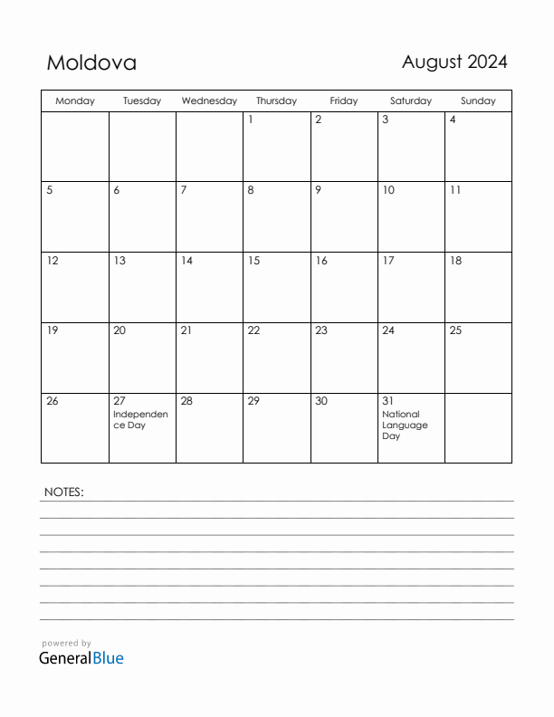 August 2024 Moldova Calendar with Holidays (Monday Start)