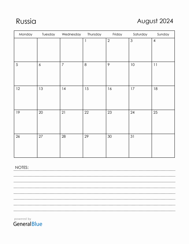 August 2024 Russia Calendar with Holidays (Monday Start)