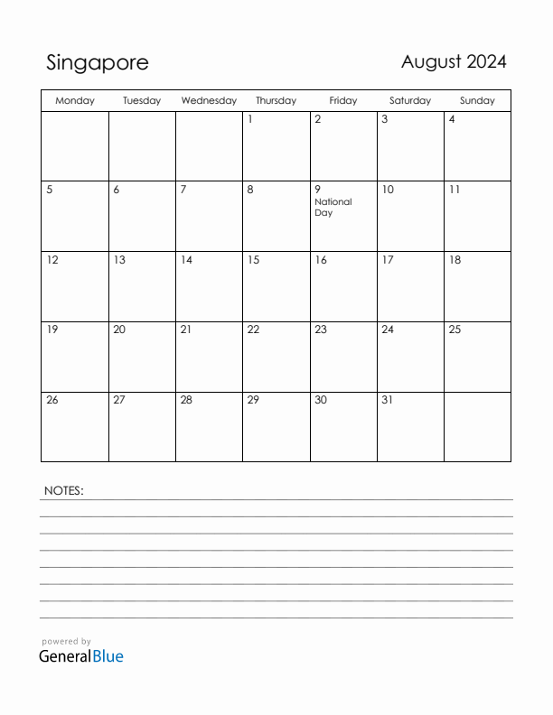 August 2024 Singapore Calendar with Holidays (Monday Start)