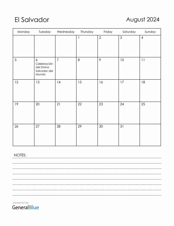 August 2024 El Salvador Calendar with Holidays (Monday Start)