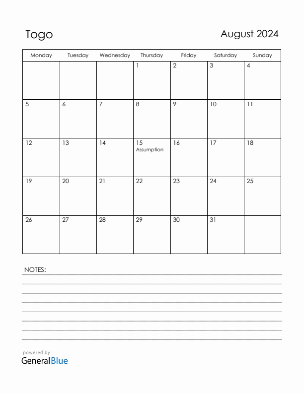 August 2024 Togo Calendar with Holidays (Monday Start)
