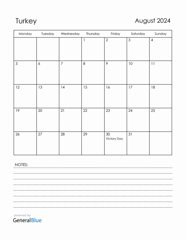 August 2024 Turkey Calendar with Holidays (Monday Start)