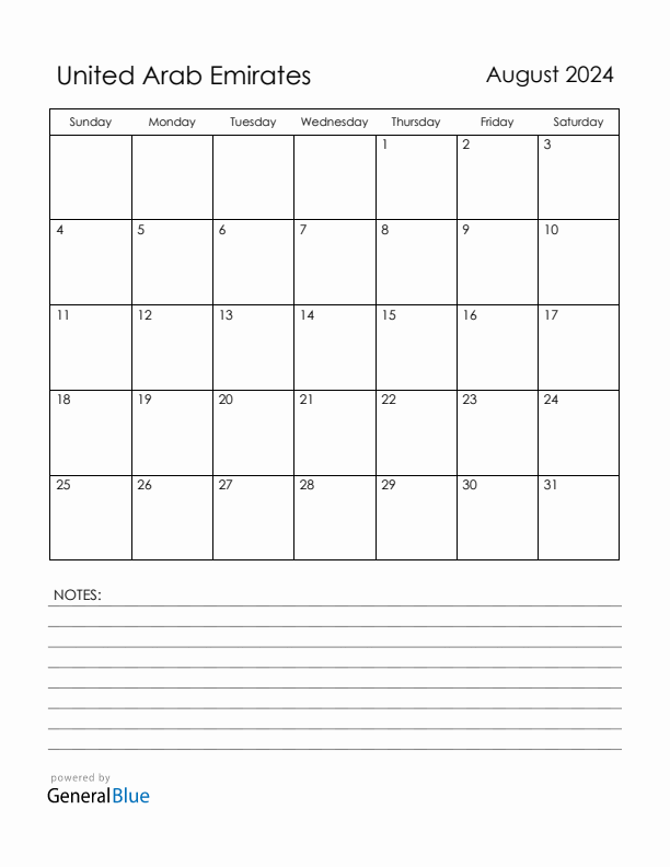 August 2024 United Arab Emirates Calendar with Holidays (Sunday Start)