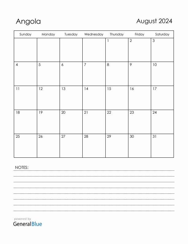 August 2024 Angola Calendar with Holidays (Sunday Start)