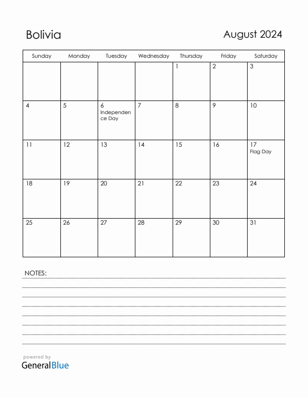 August 2024 Bolivia Calendar with Holidays (Sunday Start)