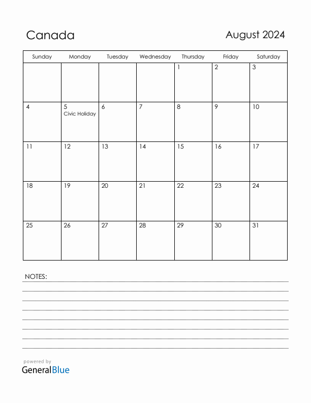 August 2024 Canada Calendar with Holidays (Sunday Start)