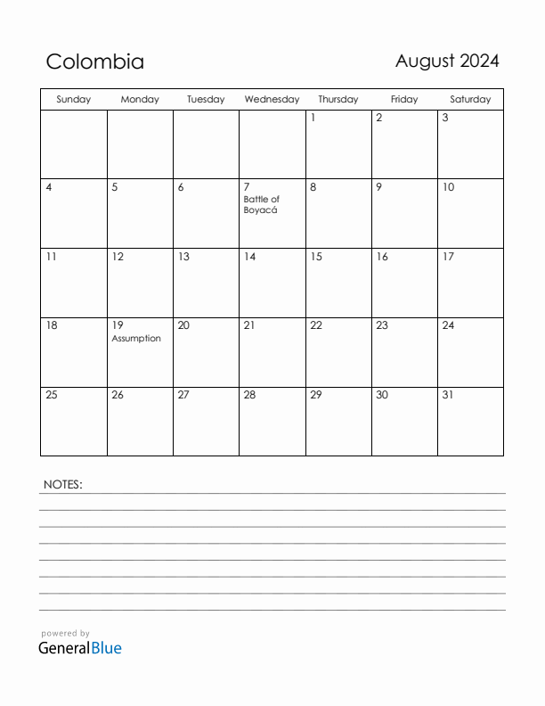 August 2024 Colombia Calendar with Holidays (Sunday Start)