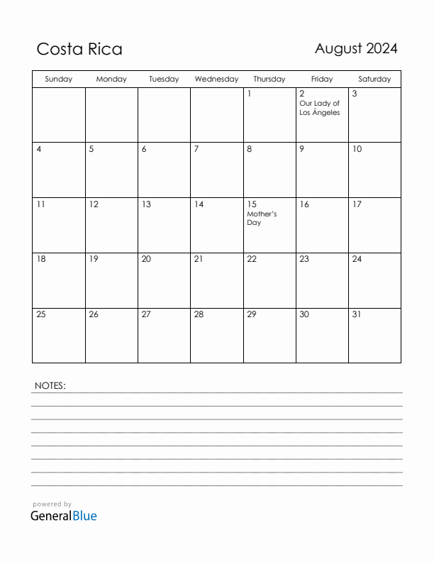 August 2024 Costa Rica Calendar with Holidays (Sunday Start)