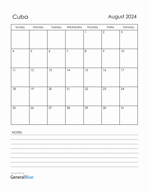 August 2024 Cuba Calendar with Holidays (Sunday Start)