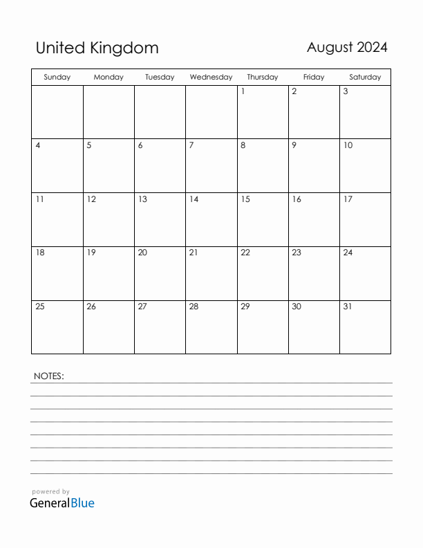 August 2024 United Kingdom Calendar with Holidays (Sunday Start)