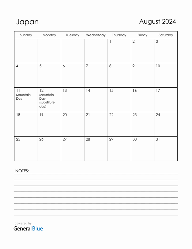 August 2024 Japan Calendar with Holidays (Sunday Start)
