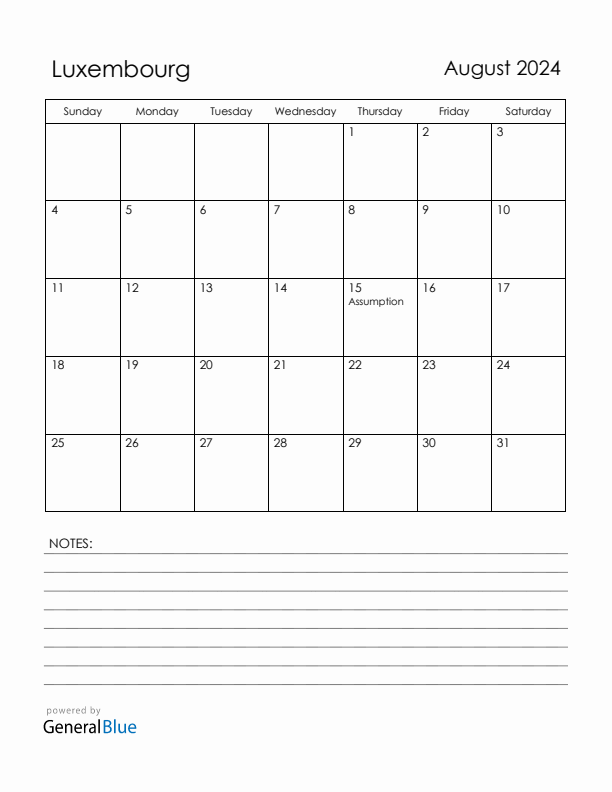 August 2024 Luxembourg Calendar with Holidays (Sunday Start)