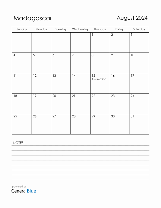 August 2024 Madagascar Calendar with Holidays (Sunday Start)