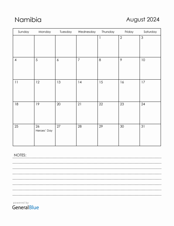 August 2024 Namibia Calendar with Holidays (Sunday Start)