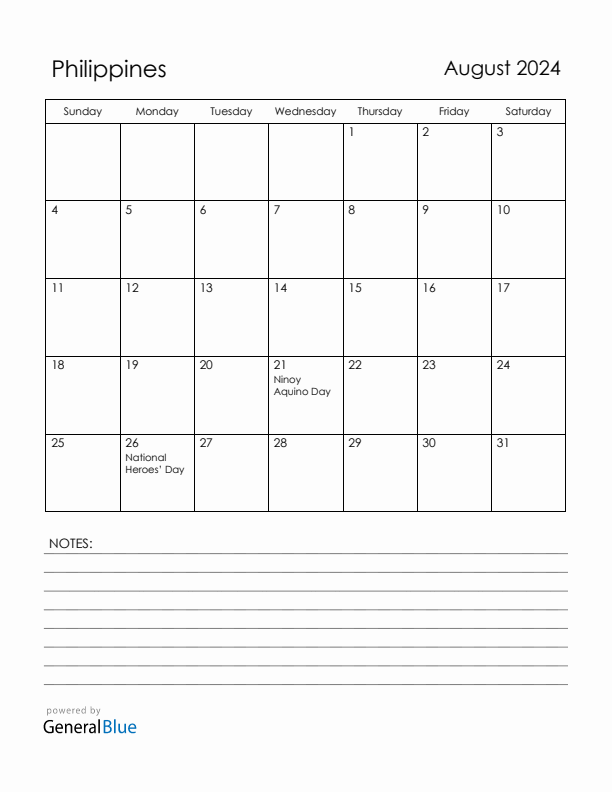 August 2024 Philippines Calendar with Holidays (Sunday Start)