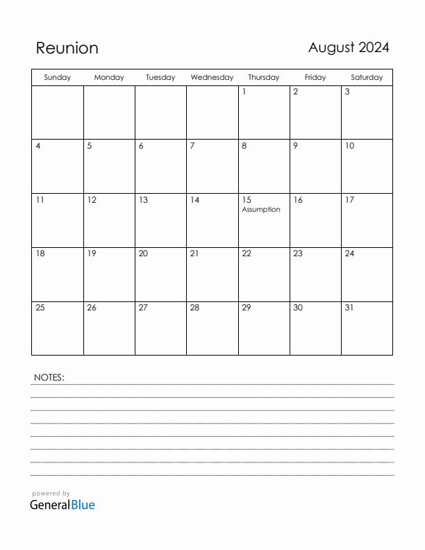 August 2024 Reunion Calendar with Holidays (Sunday Start)