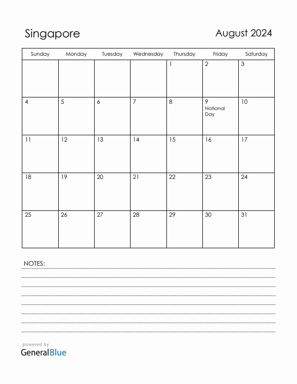 August 2024 Singapore Calendar with Holidays (Sunday Start)