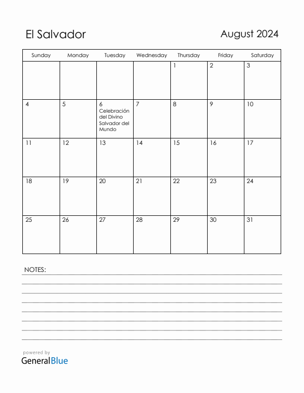 August 2024 El Salvador Calendar with Holidays (Sunday Start)