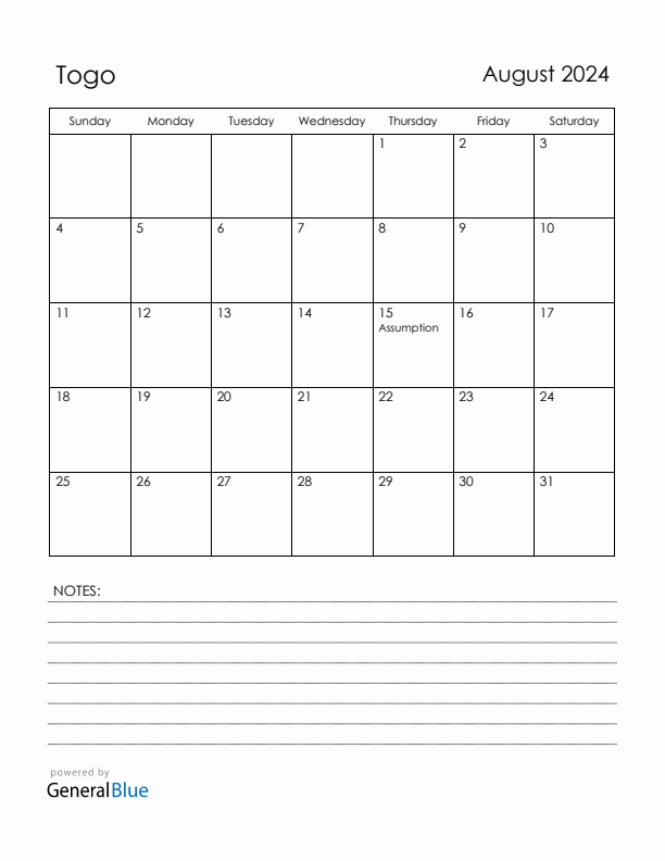 August 2024 Togo Calendar with Holidays (Sunday Start)