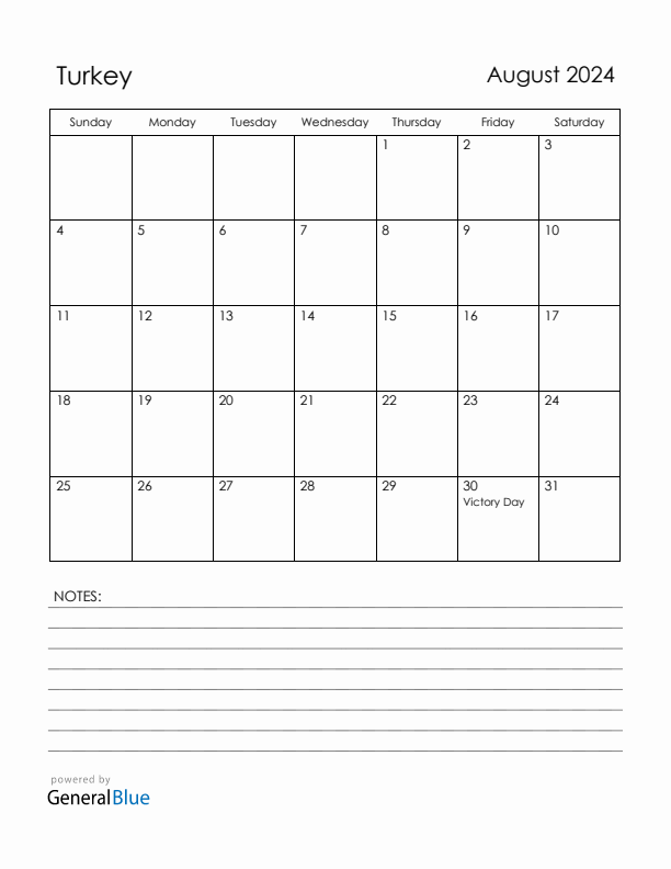 August 2024 Turkey Calendar with Holidays (Sunday Start)