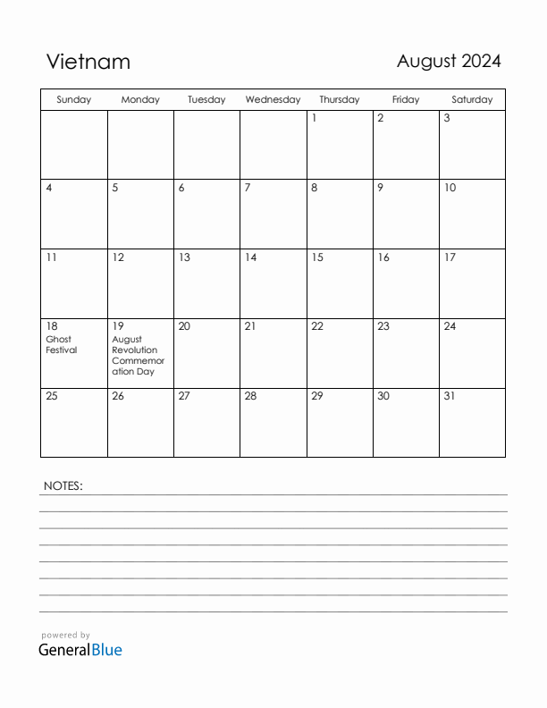 August 2024 Vietnam Calendar with Holidays (Sunday Start)