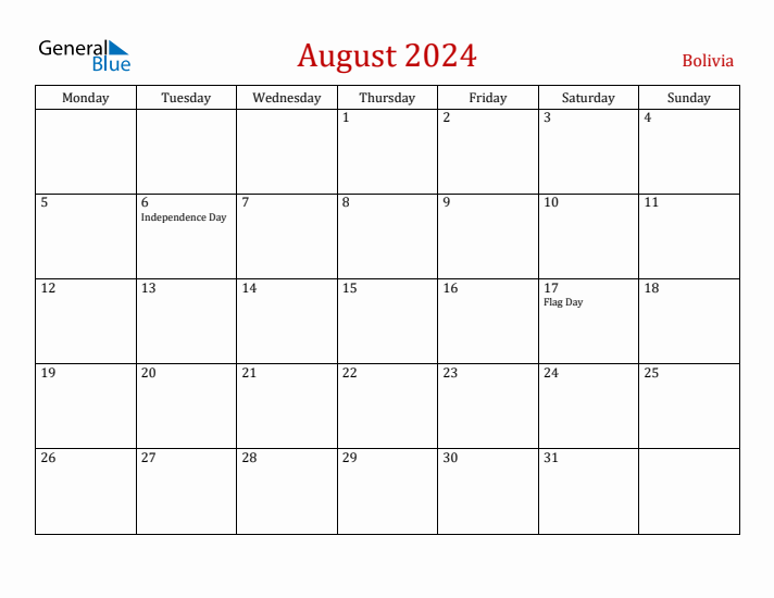 Bolivia August 2024 Calendar - Monday Start