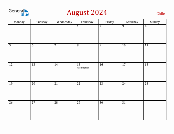 Chile August 2024 Calendar - Monday Start