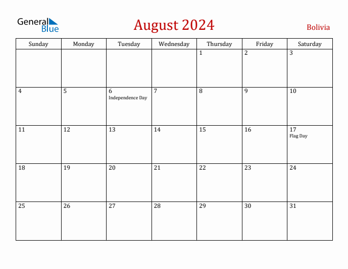 Bolivia August 2024 Calendar - Sunday Start