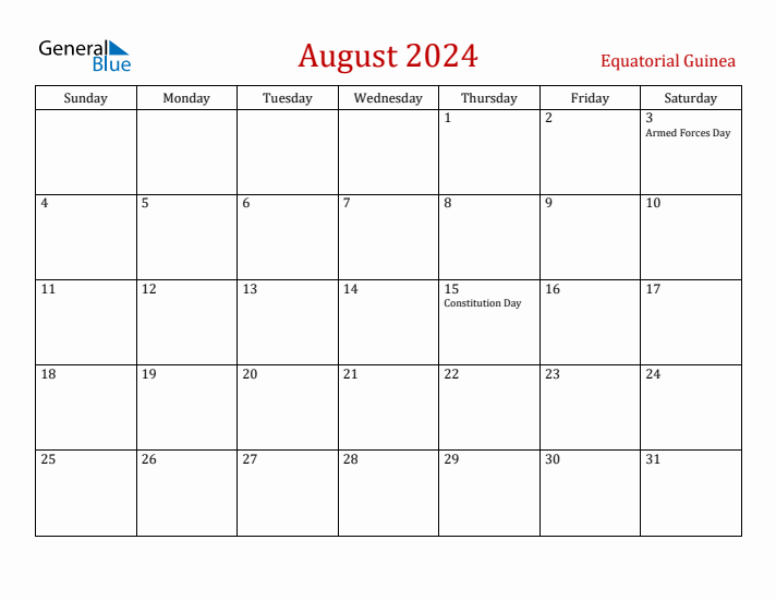 Equatorial Guinea August 2024 Calendar - Sunday Start