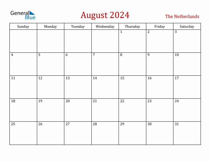 The Netherlands August 2024 Calendar - Sunday Start