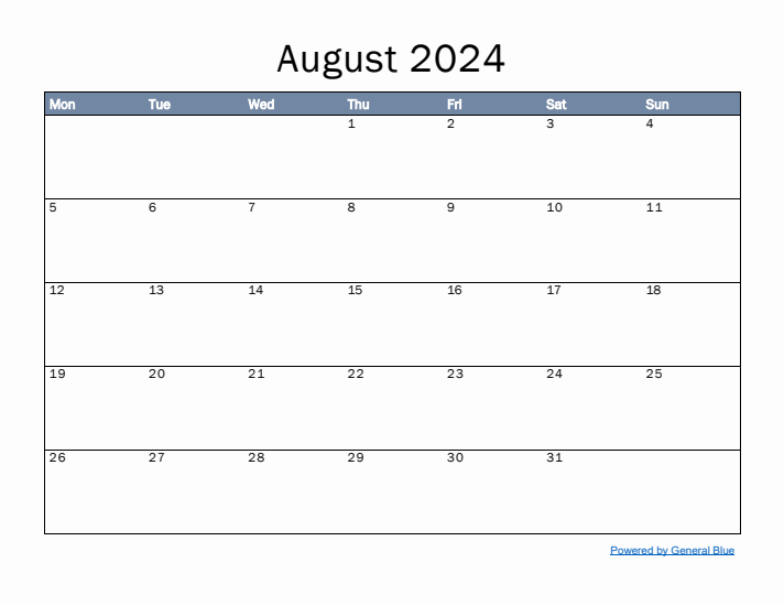 August 2024 Simple Month Calendar Template