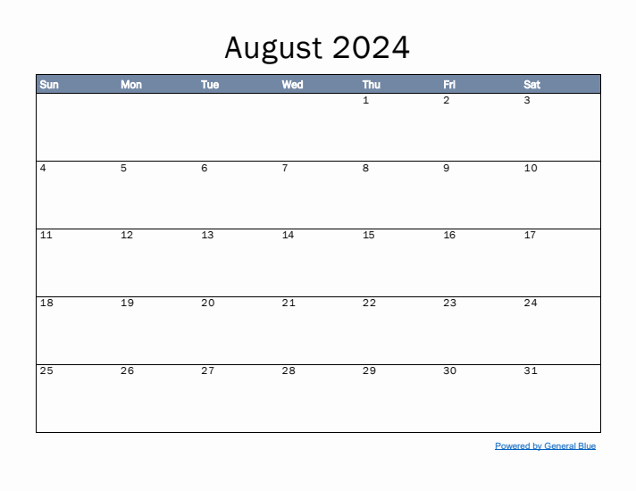 August 2024 Simple Month Calendar Template