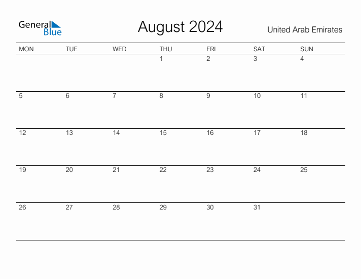 Printable August 2024 Calendar for United Arab Emirates