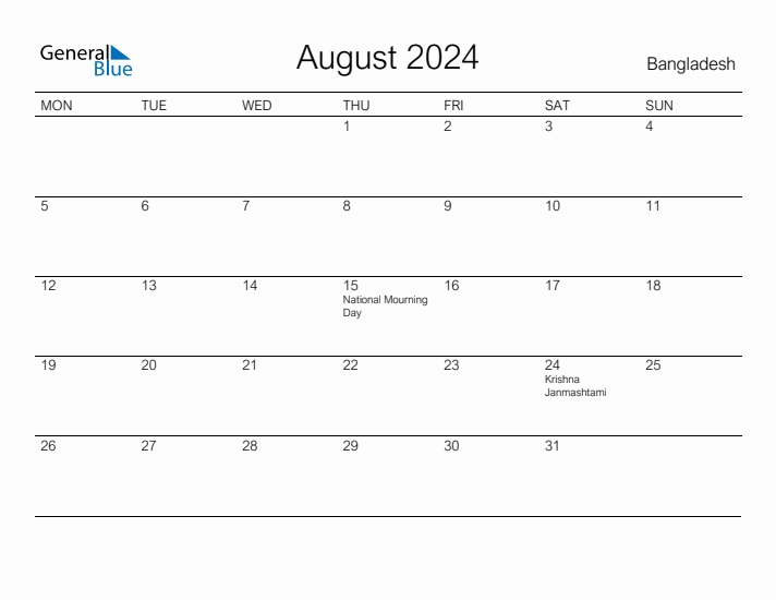 Printable August 2024 Calendar for Bangladesh