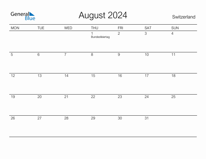 Printable August 2024 Calendar for Switzerland