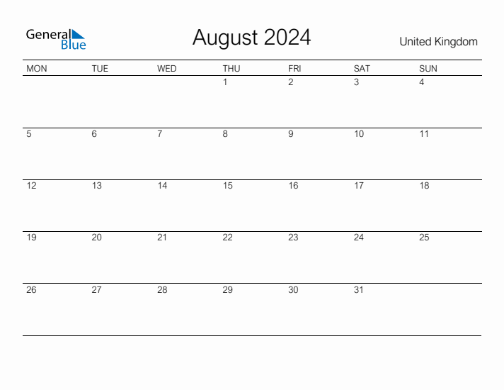 Printable August 2024 Calendar for United Kingdom