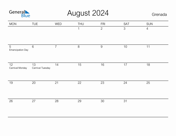 Printable August 2024 Calendar for Grenada