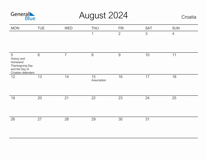 Printable August 2024 Calendar for Croatia