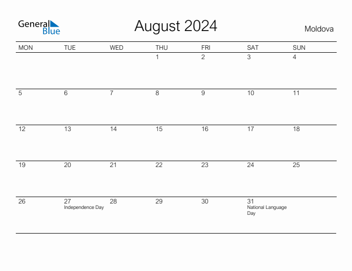 Printable August 2024 Calendar for Moldova