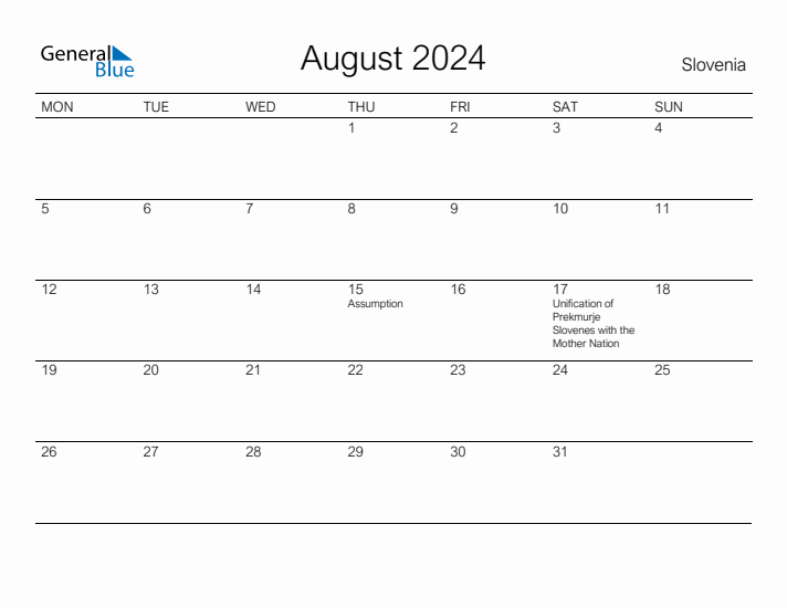 Printable August 2024 Calendar for Slovenia