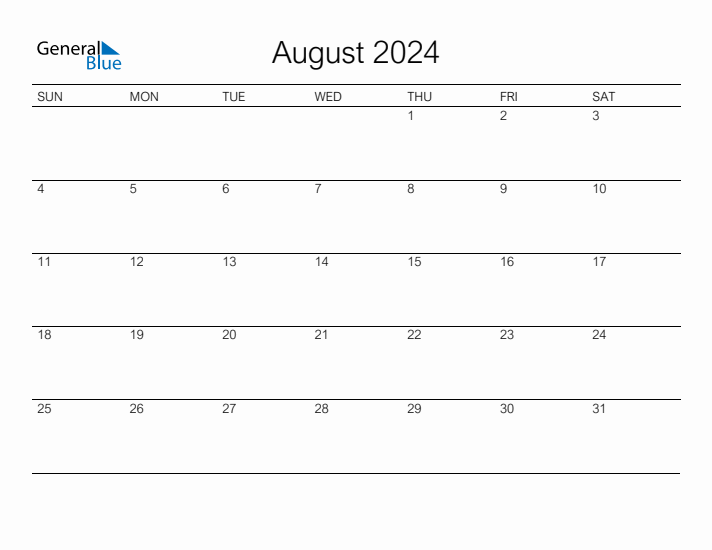 Printable August 2024 Calendar - Sunday Start