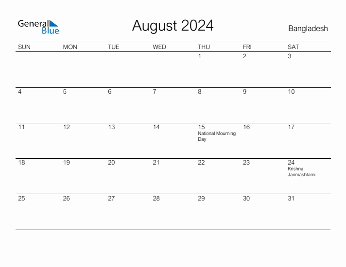 Printable August 2024 Calendar for Bangladesh